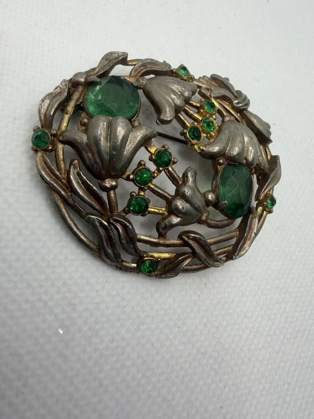 Gorgeous Silver Tone Antique Brooch, Art Nouveau Flowers W/ Green Gemstones
